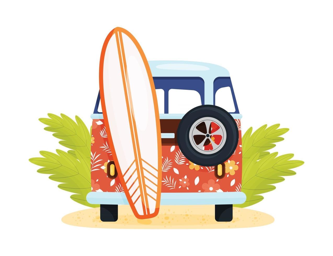 Red van with surfboard vector