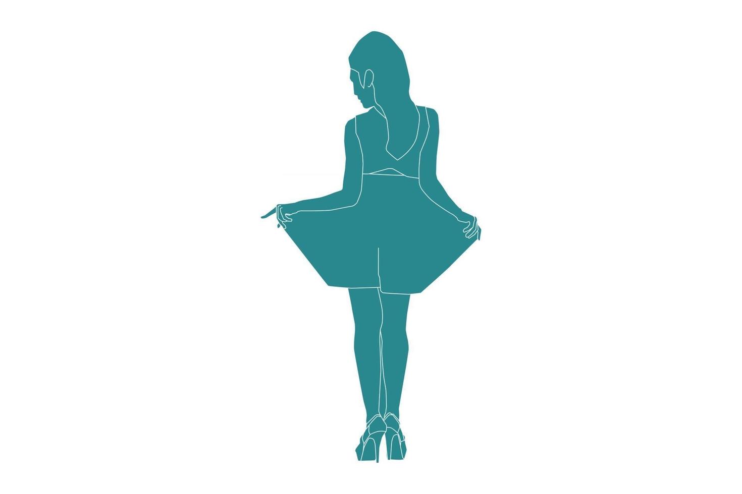 Ilustración vectorial de mujer elegante posando mira desde atrás, estilo plano con contorno vector