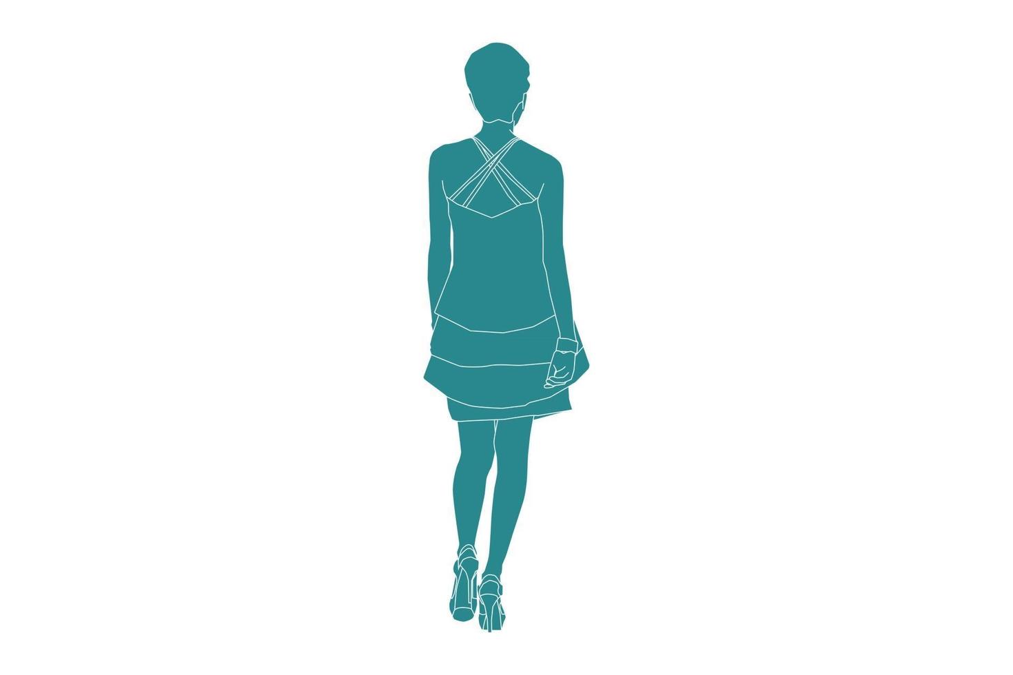 Ilustración vectorial de mujer elegante posando mira desde atrás, estilo plano con contorno vector
