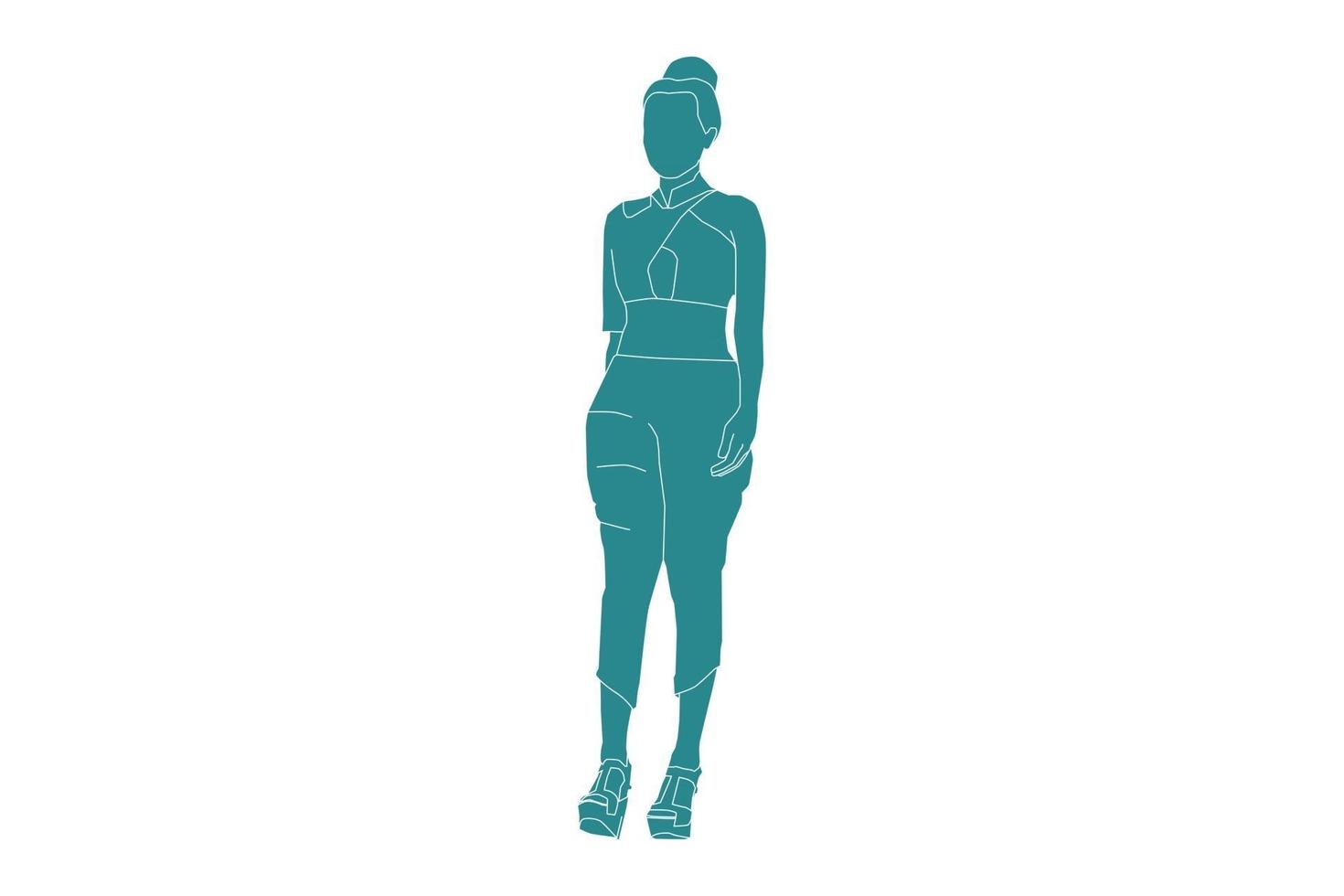 Vector illustration of stylish woman walking on the sideroad, Flat style with outline