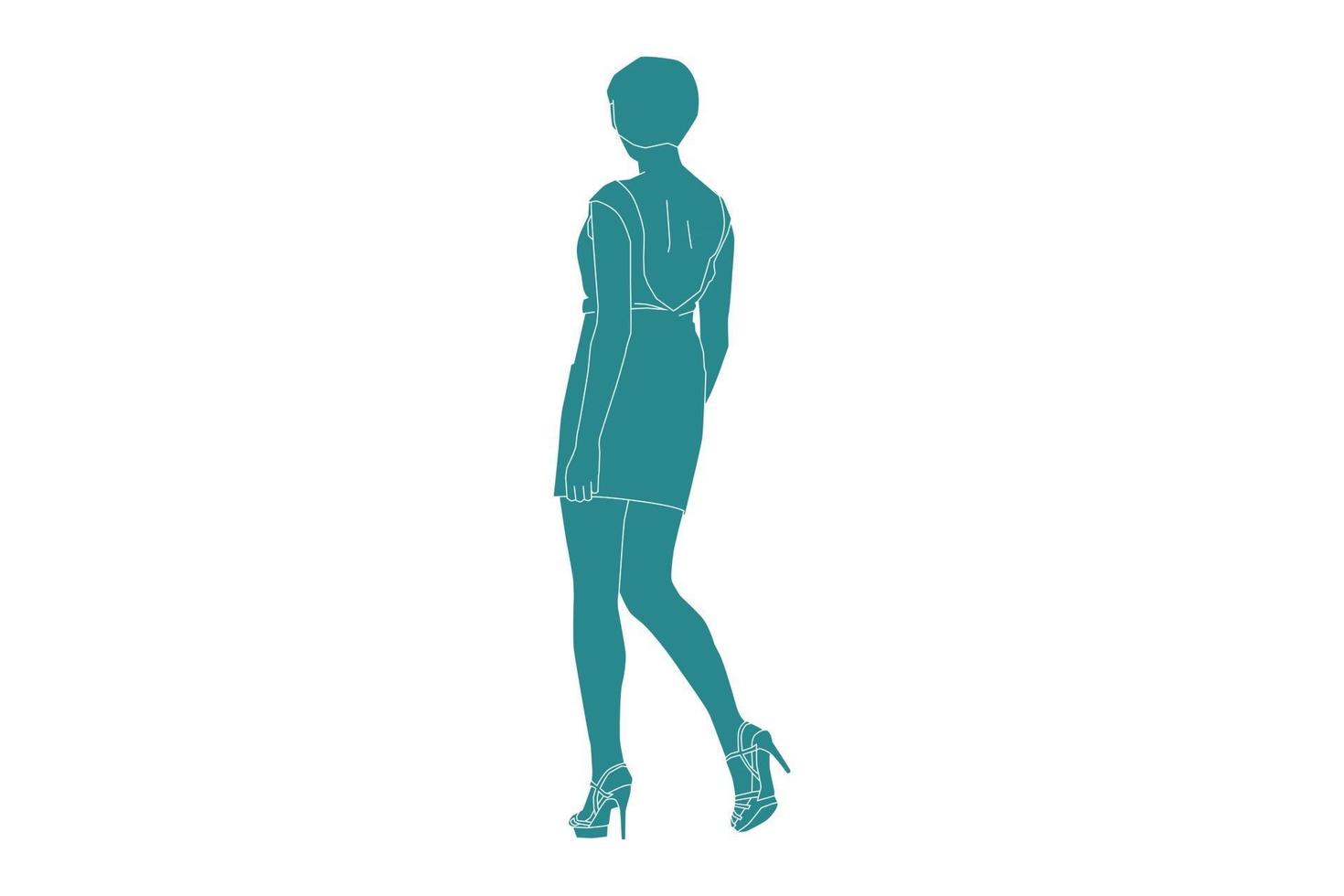 Vector illustration of elegant woman posing looks from behind, Flat style with outline