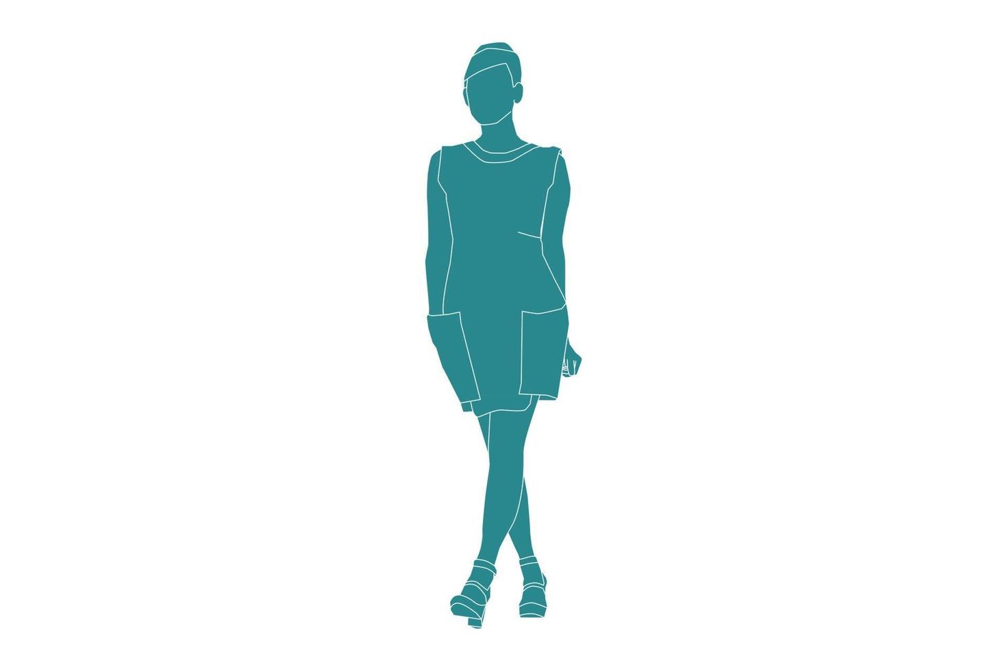 Ilustración vectorial de mujer elegante caminando, estilo plano con contorno vector