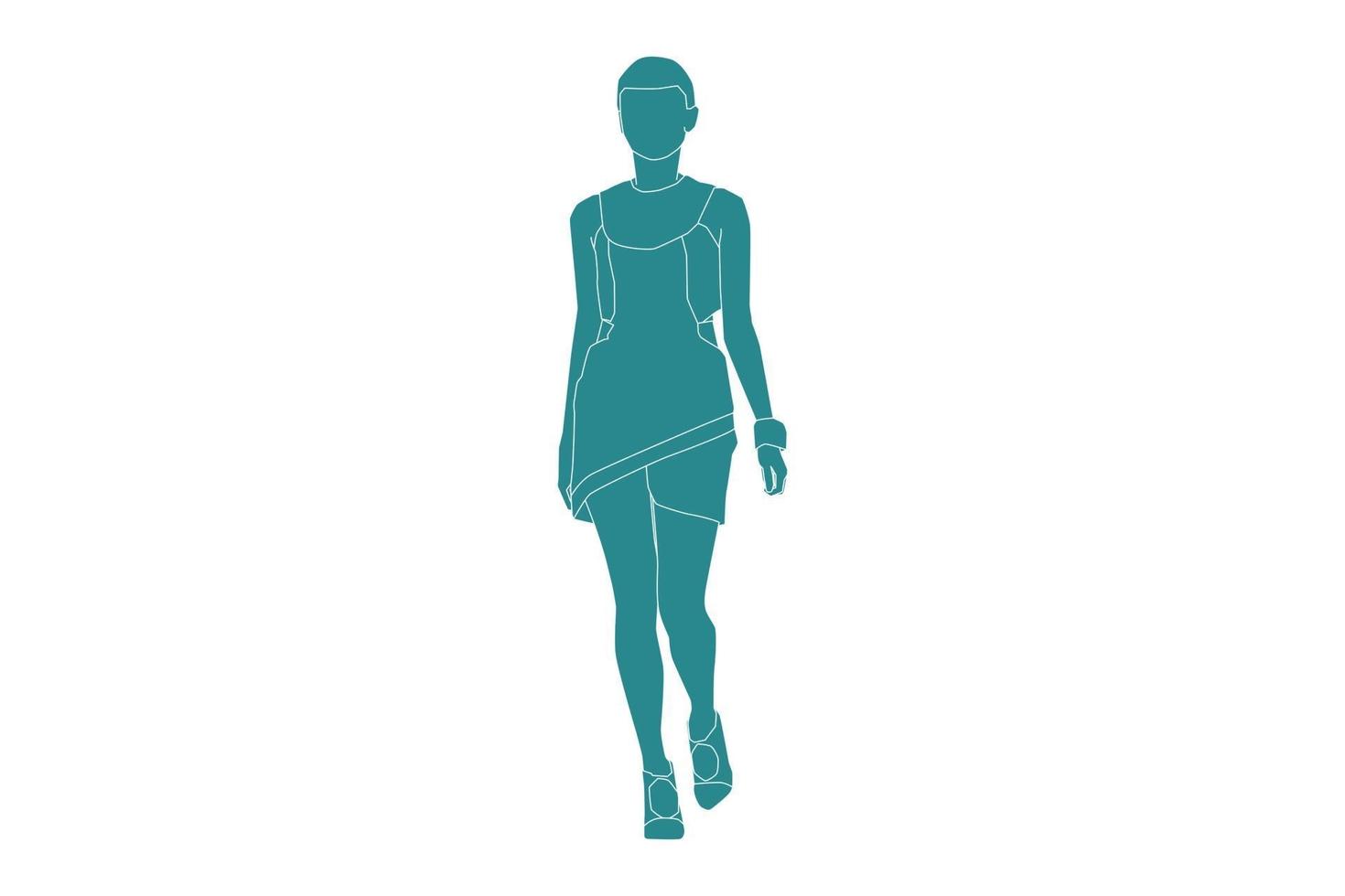 Vector illustration of elegant woman walking, Flat style with outline