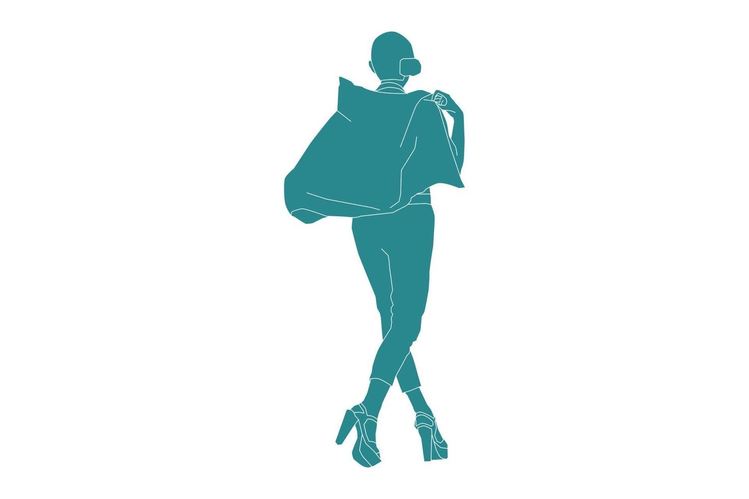 Vector illustration of fashionable woman posing looks from behind, Flat style with outline