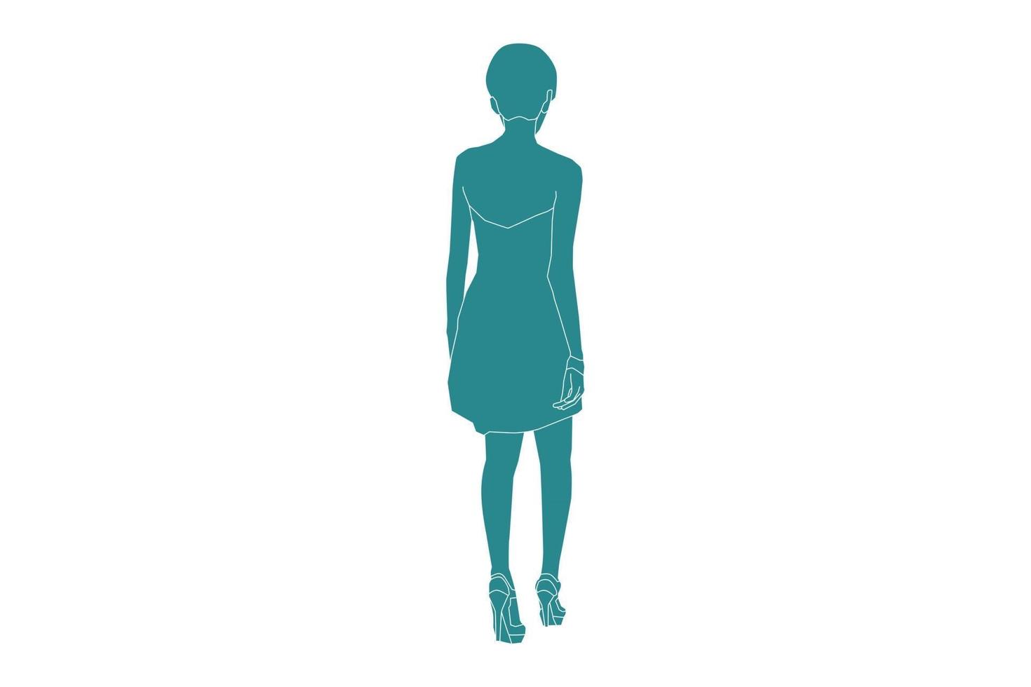 Vector illustration of elegant woman walking looks from behind, Flat style with outline