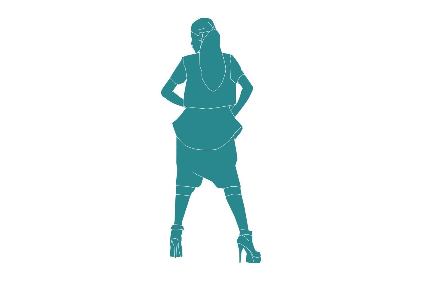 Ilustración vectorial de mujer de moda posando mira desde atrás, estilo plano con contorno vector