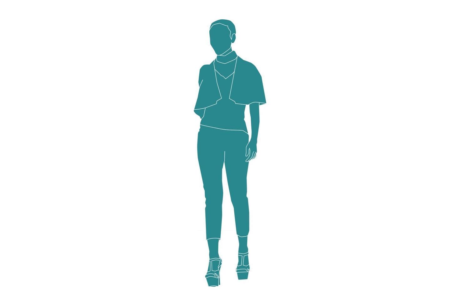 Vector illustration of fashionable woman walking on the sideroad, Flat style with outline