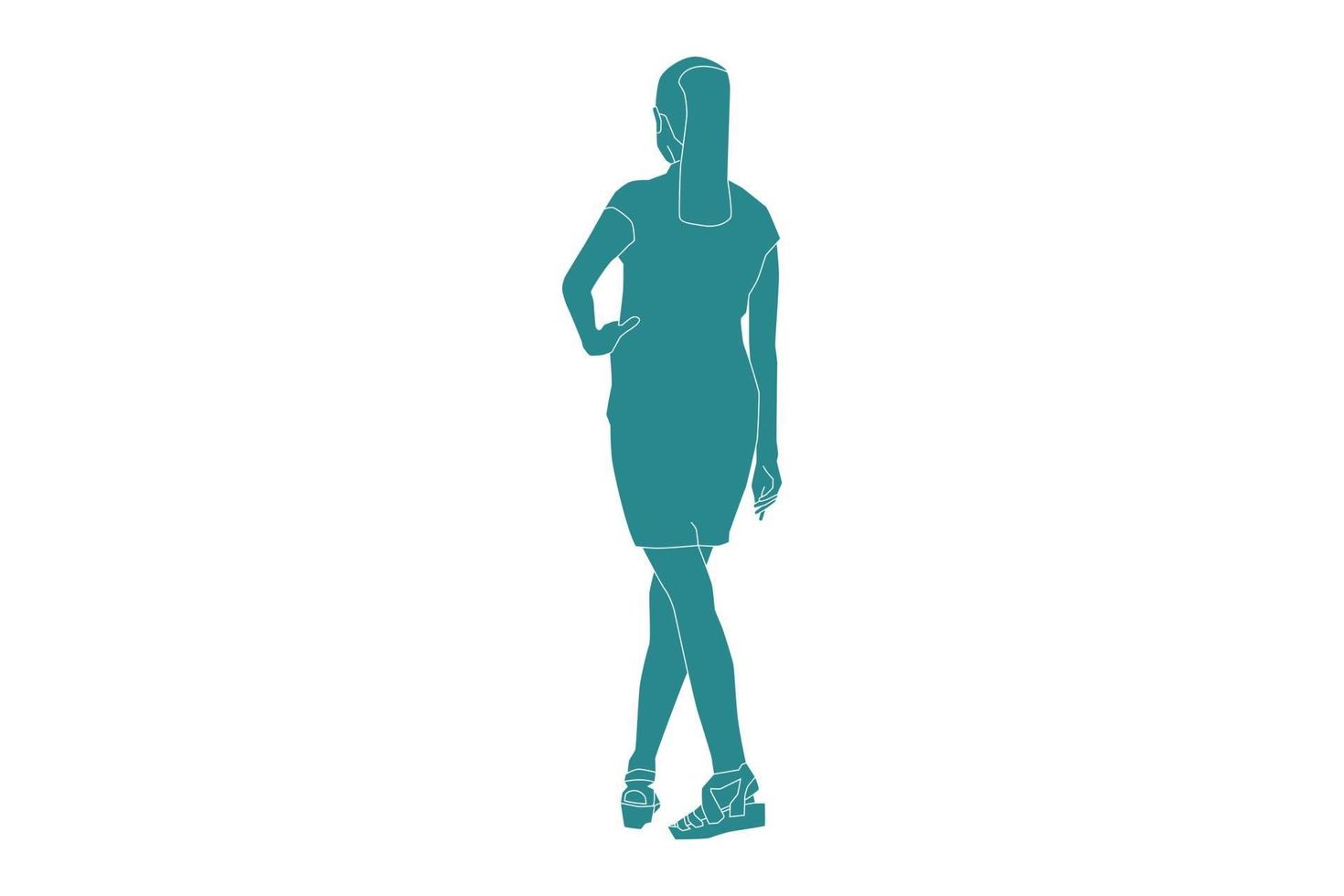 Vector illustration of elegant woman posing looks from behind, Flat style with outline