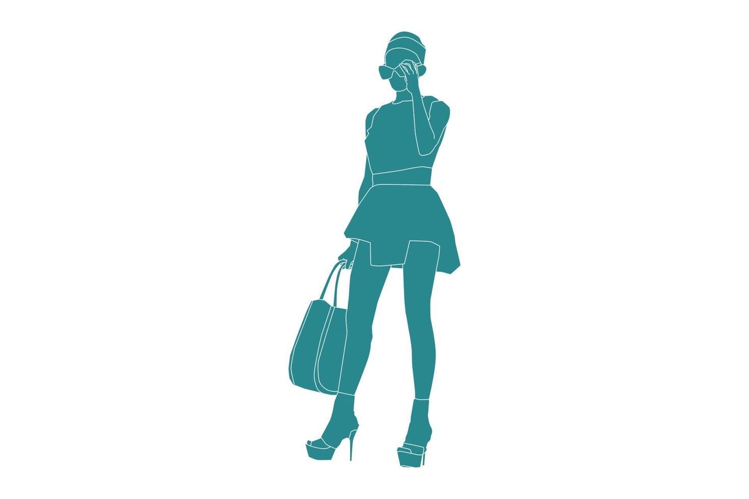 ilustración vectorial de mujer de moda posando, estilo plano con contorno vector