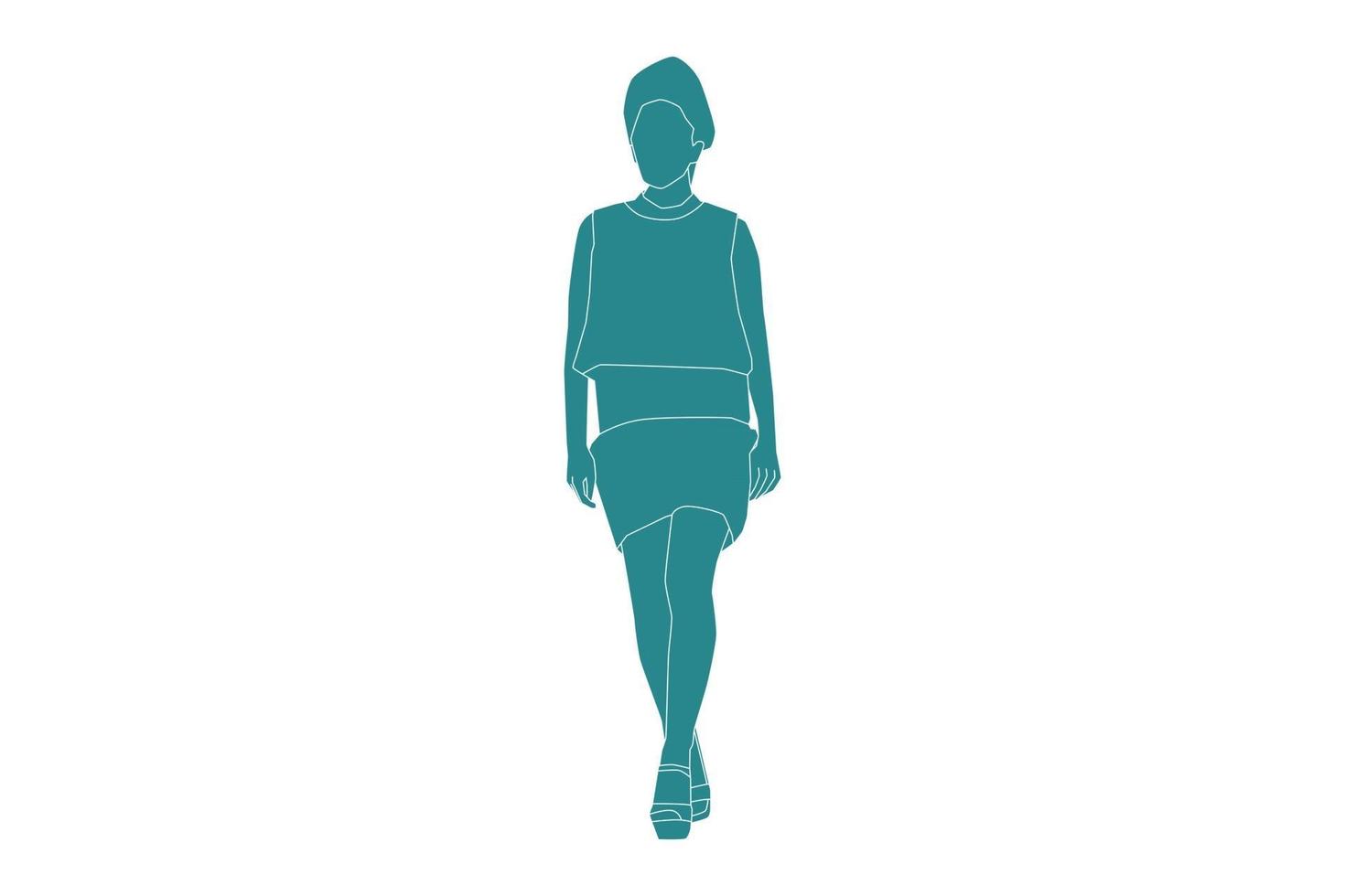 Ilustración vectorial de mujer de moda caminando por la calle lateral, estilo plano con contorno vector