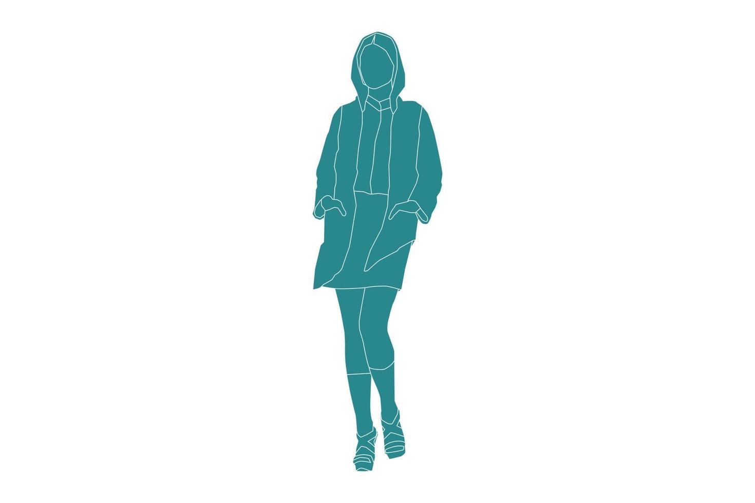 Ilustración vectorial de mujer de moda caminando por la calle lateral, estilo plano con contorno vector