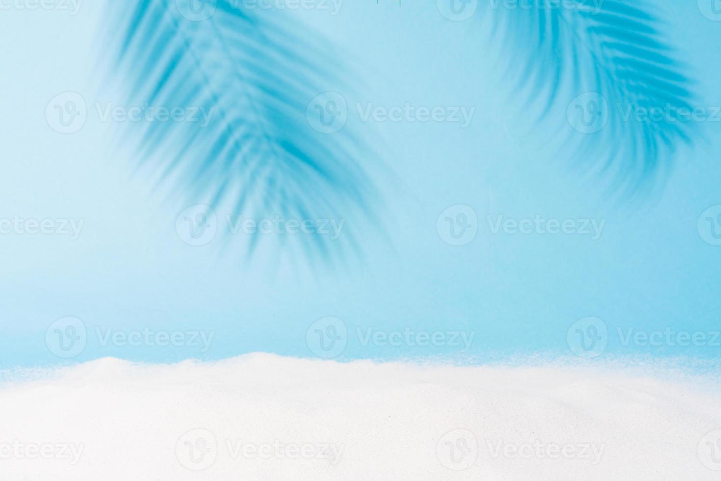 Fondo de verano borroso con sombra de palmera en la pared azul foto