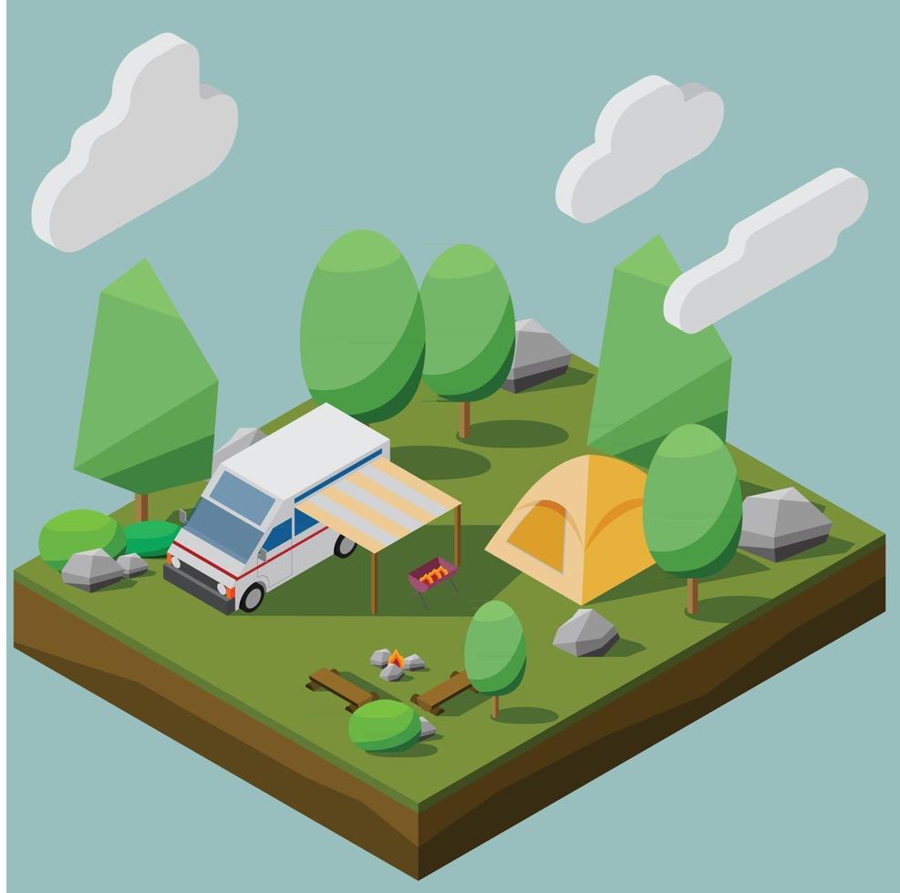 Isometric low polygon style of a camping site with a camper van in a forest. Vector illustration EPS10.