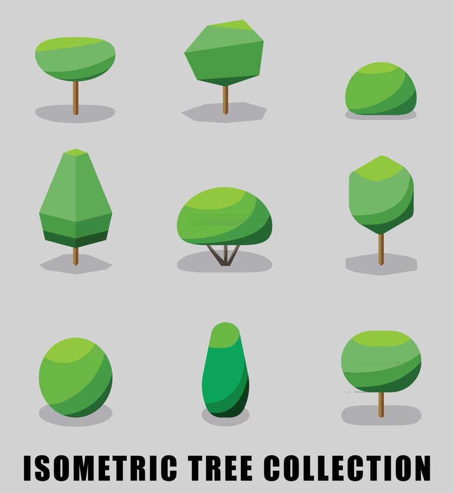 Collection of isometric tree and shrub flat design style. Vector illustration.