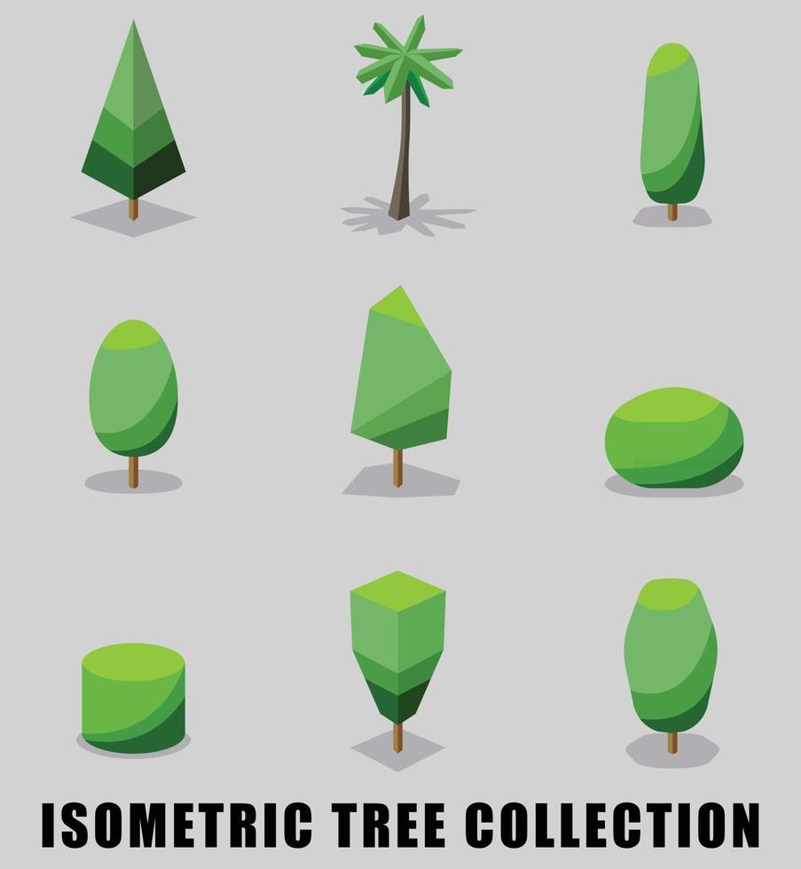 colección de estilo isométrico de diseño plano de árboles y arbustos. vector