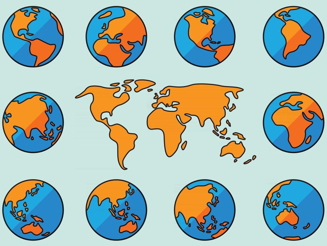 Collection of simplicity freehand world map sketch on globe. vector