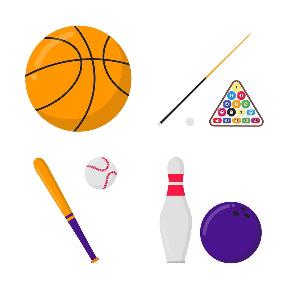 Basketball ball, billiards balls and cue, baseball bat and ball, bowling ball and skittle sport set flat style design vector illustration icon signs isolated on white background.