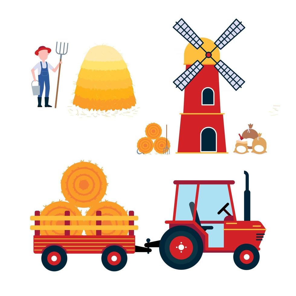 Molino rojo, tractor de cosecha con semirremolque y signo de icono de bala de heno, pajar, gavilla de heno y granjero con horca y cubo aislado en ilustración de vector de estilo de diseño plano de fondo blanco