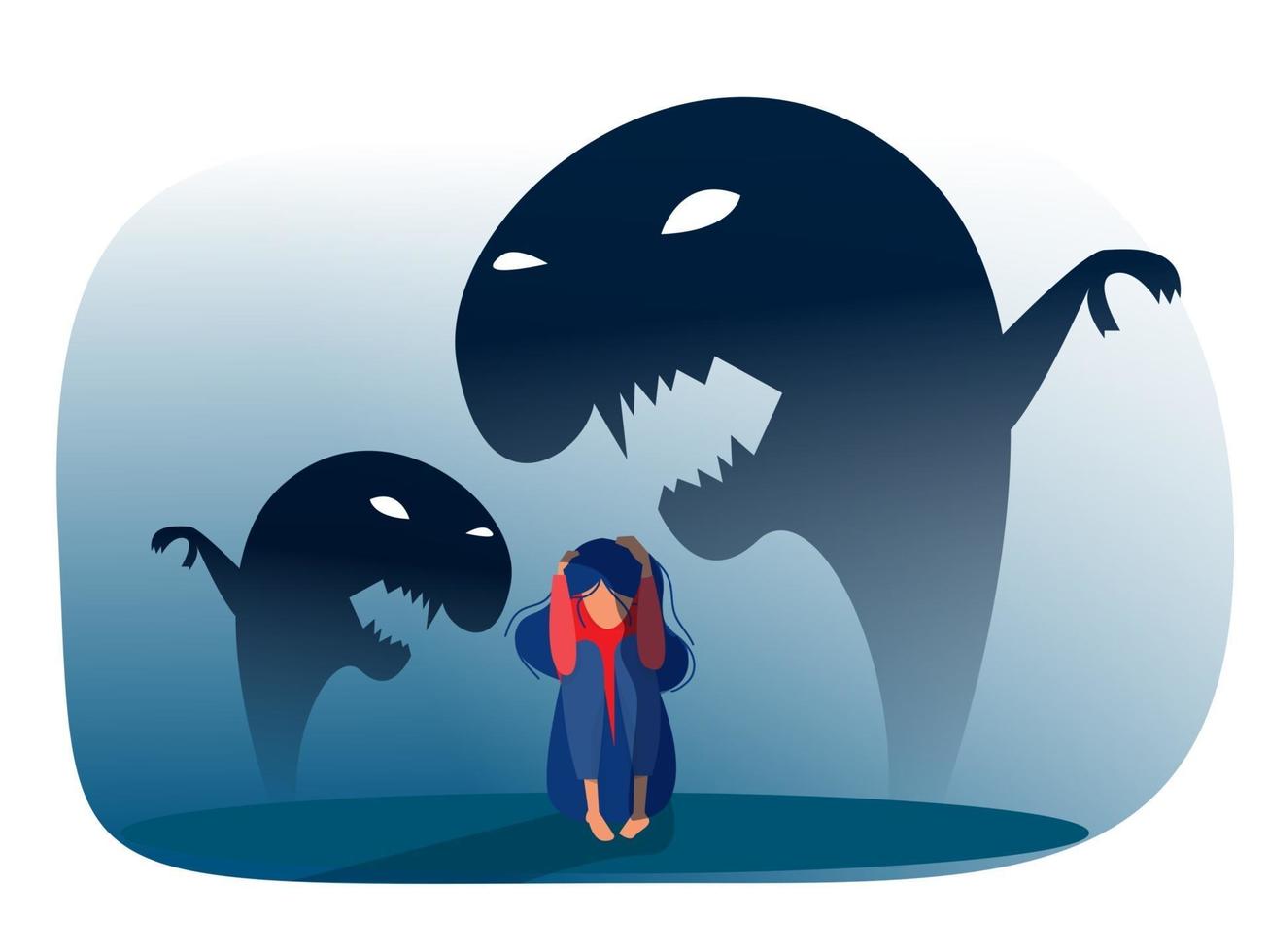 Depressed girl with anxiety and scary fantasies feeling sorrow,fears, sadness vector illustration