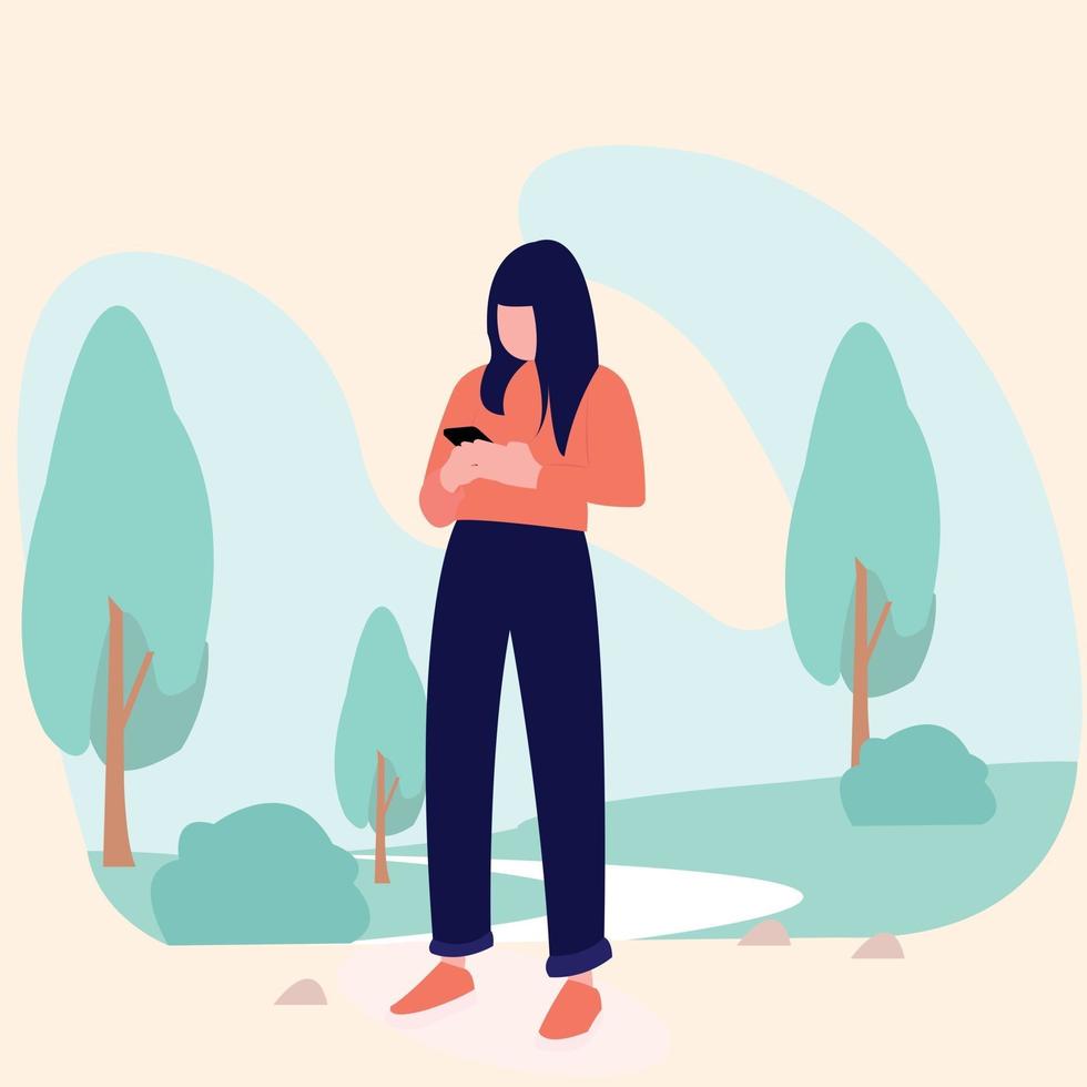 women with smartphone in the garden or park or outdoor vector