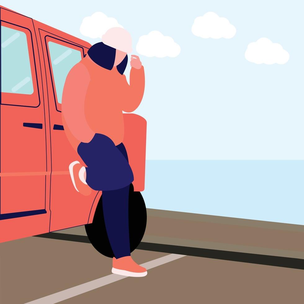 stylish man beside the car on the beach vector