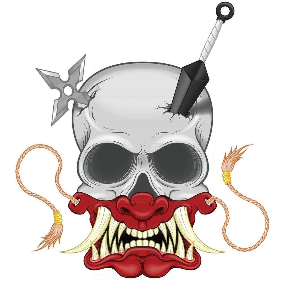 Vector design of ninja skull with japanese hannya mask, kunai and shuriken, hannya mask from japanese folklore