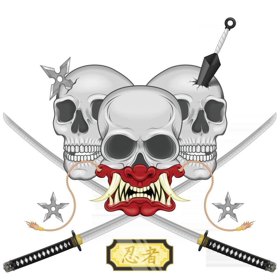 Vector design of ninja skull with japanese mask hannya, kunai, shuriken and two katana swords, elements of Japanese culture and folklore