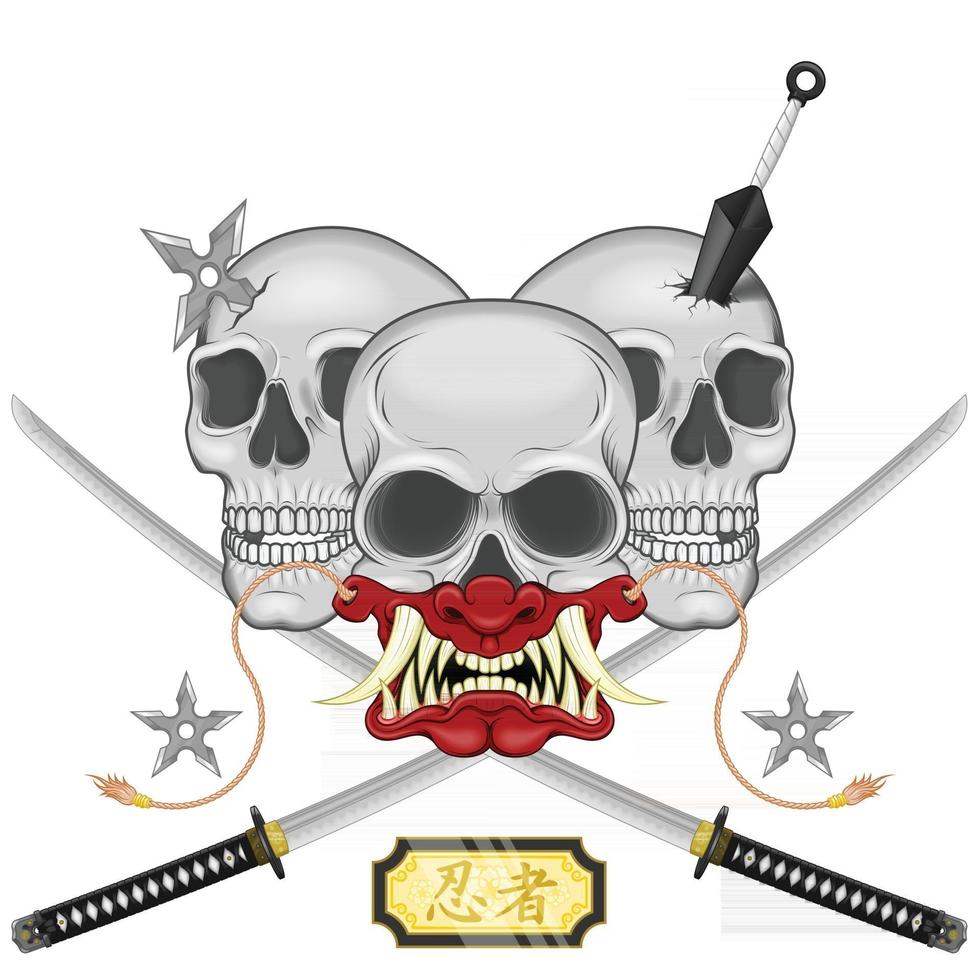 diseño vectorial de calavera ninja con máscara japonesa hannya, kunai, shuriken y dos espadas katana, elementos de la cultura y el folclore japoneses vector