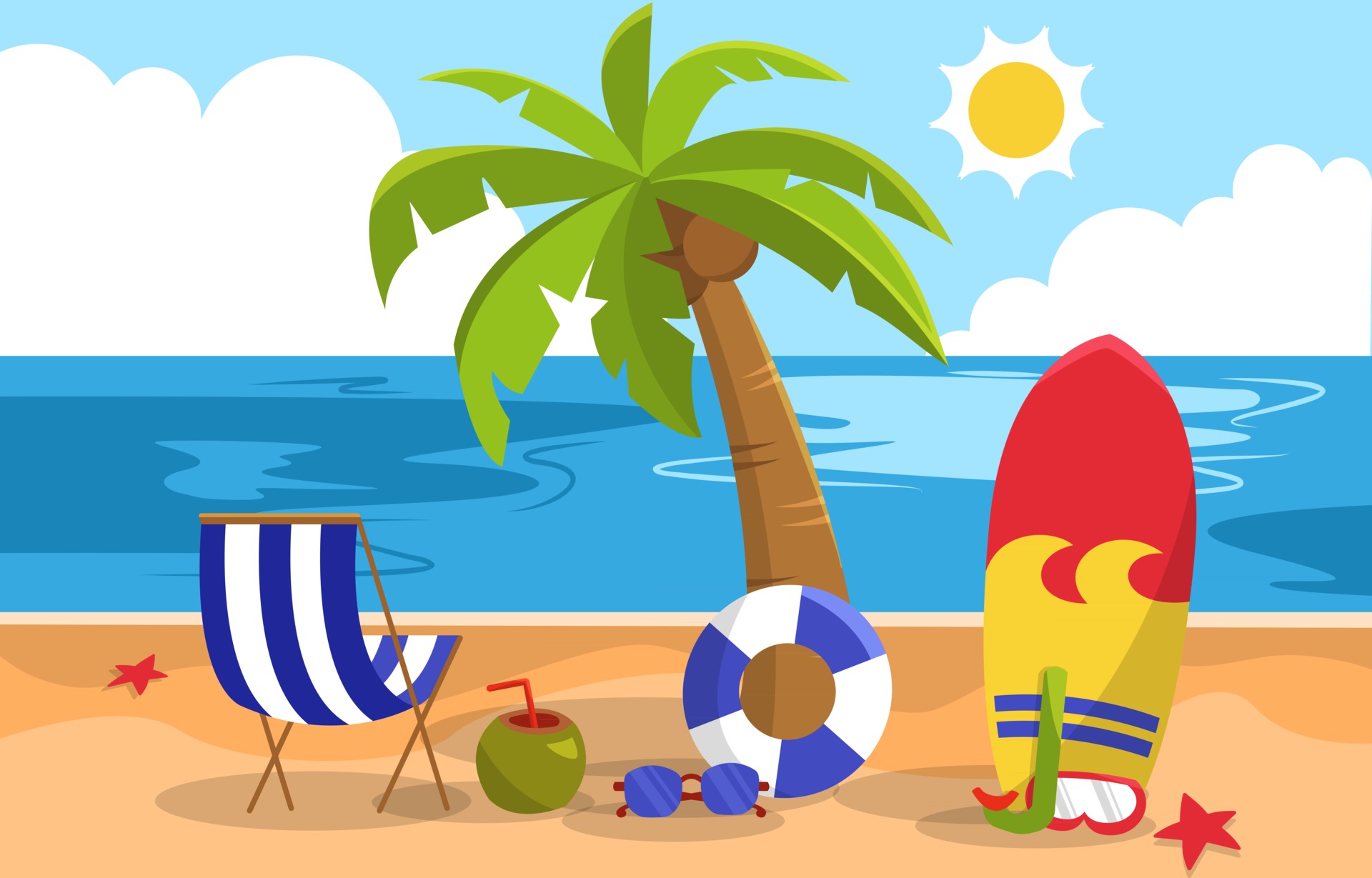 Summer Time In Beach Sea Shore With Realistic Objects. Vector Illustration  Royalty Free SVG, Cliparts, Vetores, e Ilustrações Stock. Image 37730977.