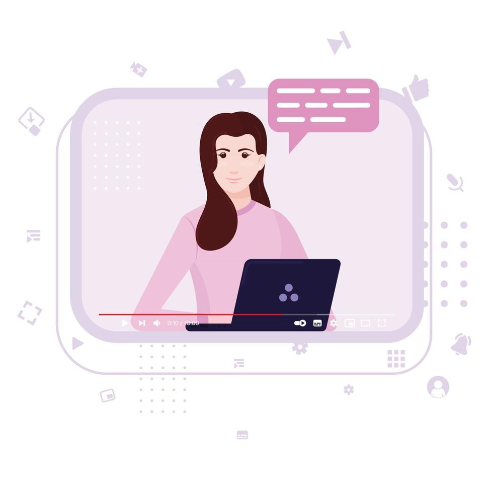 Vector design of video tutorial, Online video playback, communicator in Online course, video website interface with female influencer with her laptop