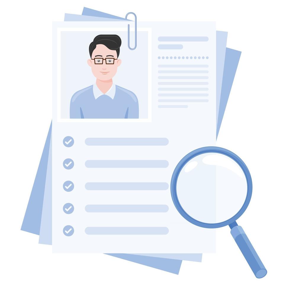 Diseño vectorial de curriculum vitae con foto de niño, curriculum vitae para búsqueda de empleo con lupa vector