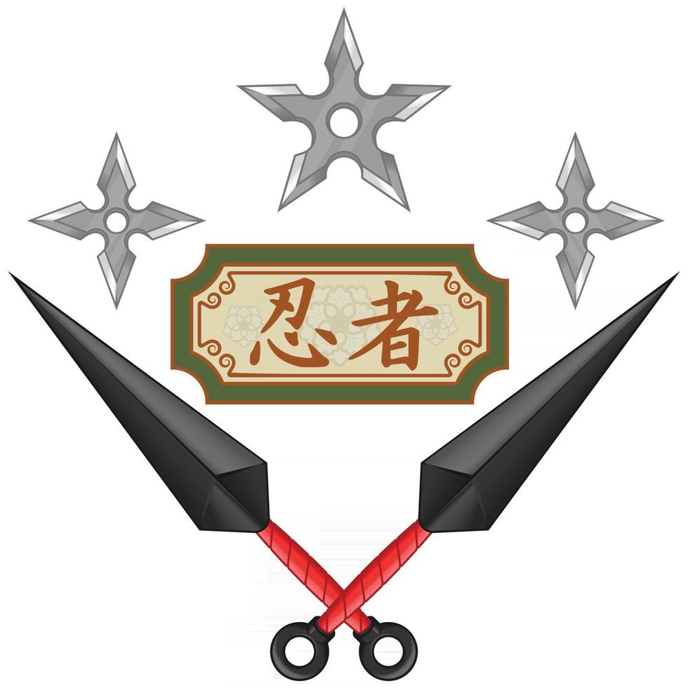 Diseño vectorial de armas kunai ninja con shuriken, elementos de la cultura japonesa y el folclore. vector