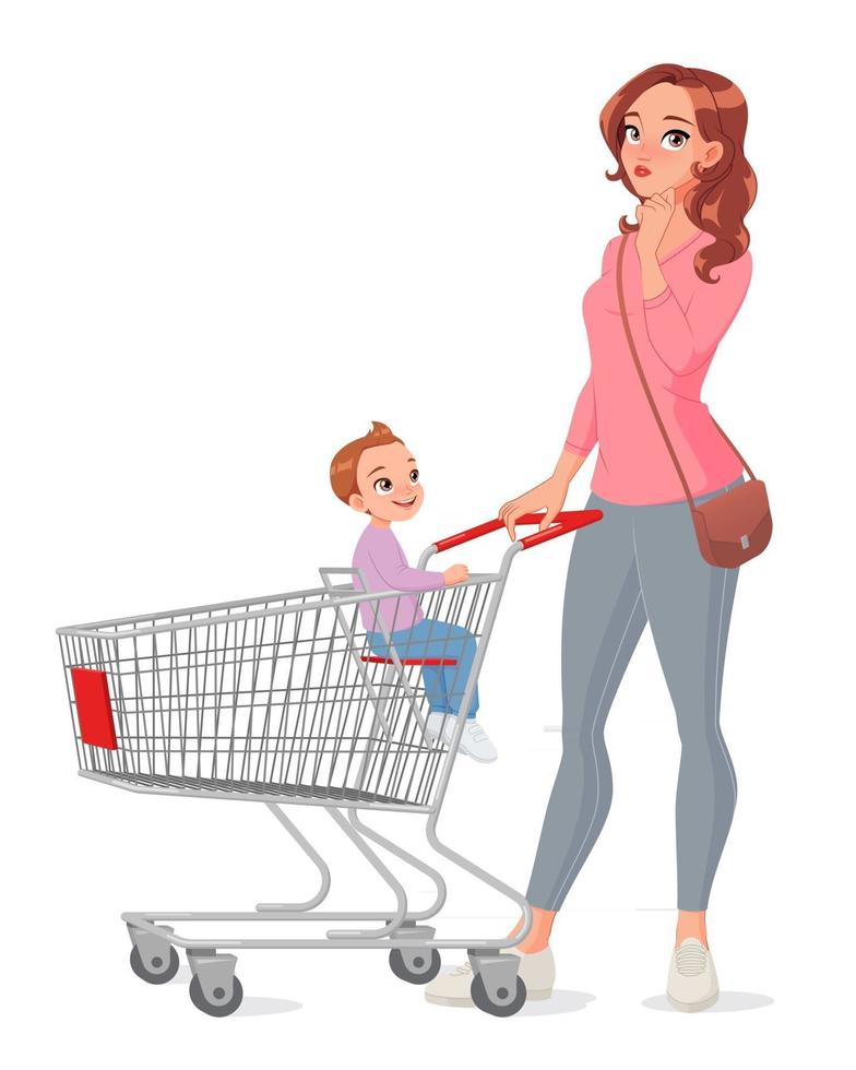 Mother with son sitting in shopping cart vector illustration