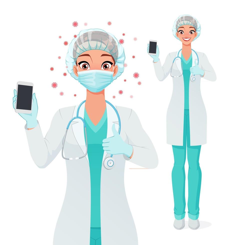 Nurse in hair net mask showing smartphone screen with thumb up vector illustration