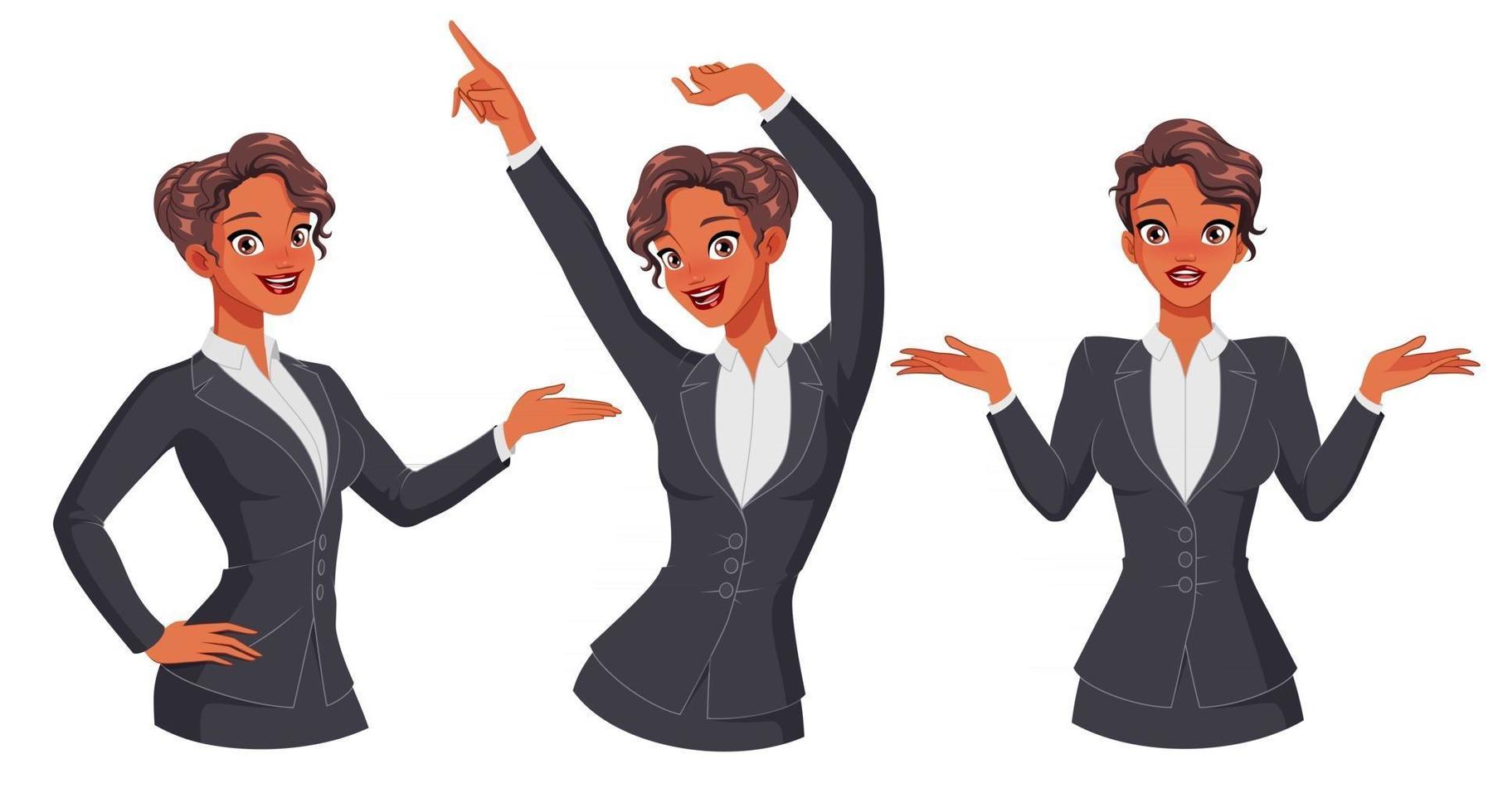 Businesswoman showing dancing shrugging full size under clipping mask set of vector illustrations