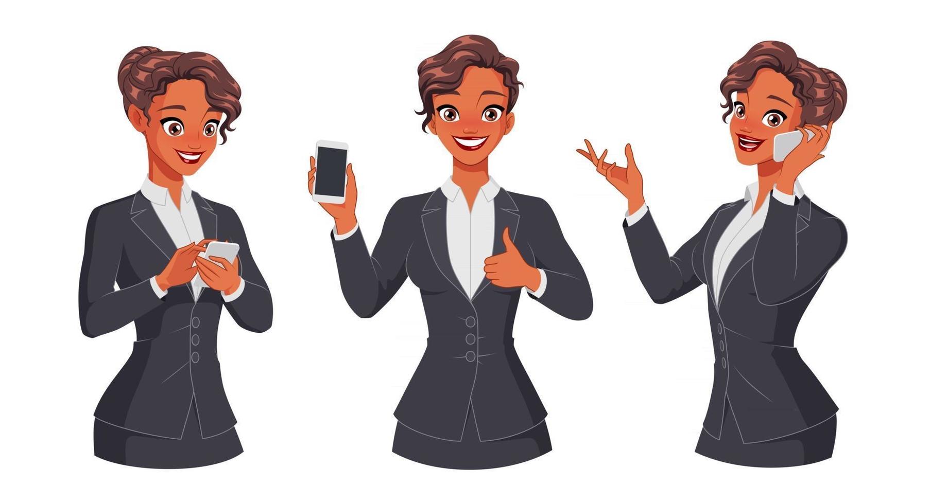 Woman texting calling showing thumb up with smartphone Full length under clipping mask Set of vector characters