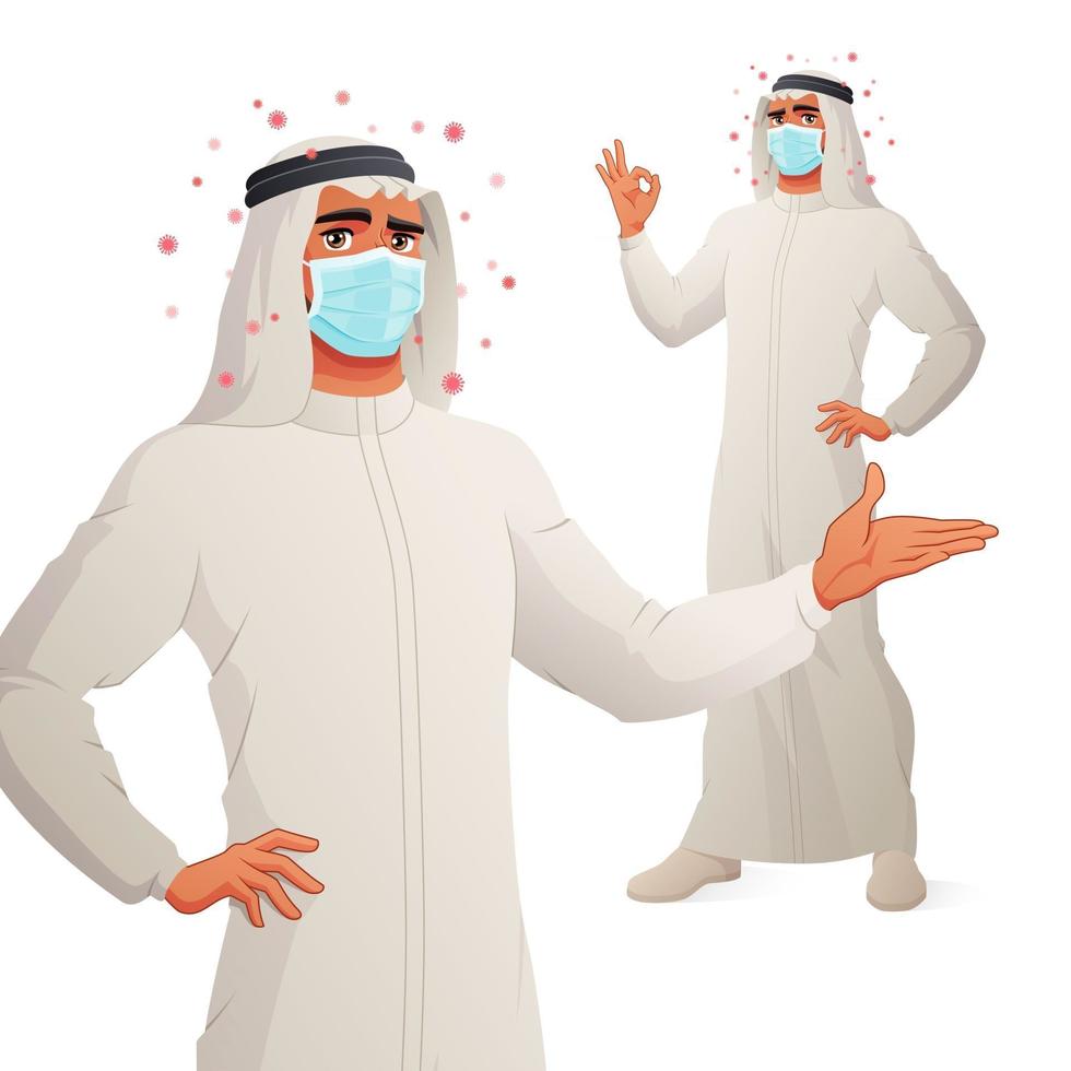 Arab man in mask presenting and showing OK Full size vector illustration under clipping mask