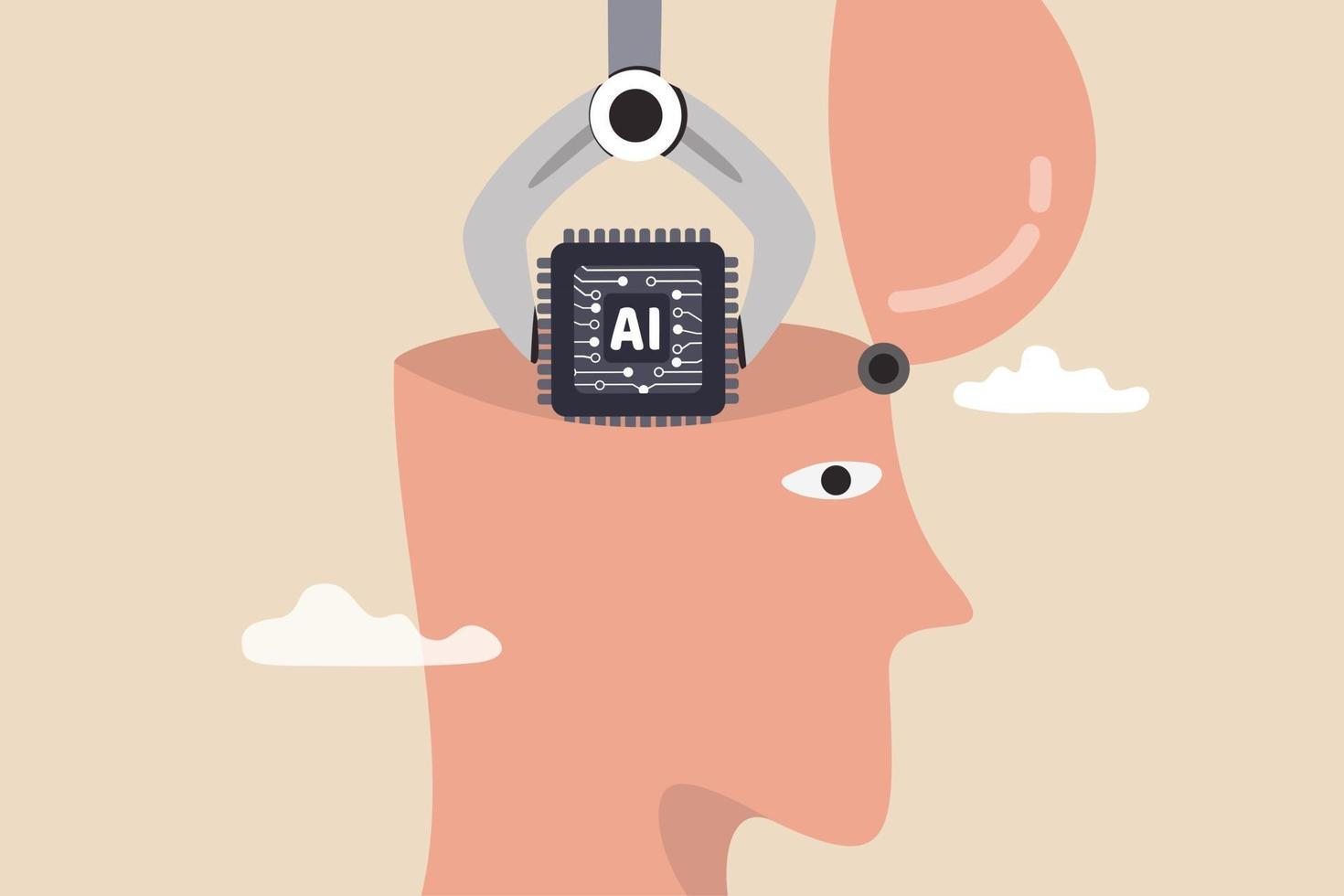 AI, Artificial Intelligence to think like human, machine learning technology to calculate and solve problem, robot and automation innovation concept, robot arm put AI processing chip into human brain. vector