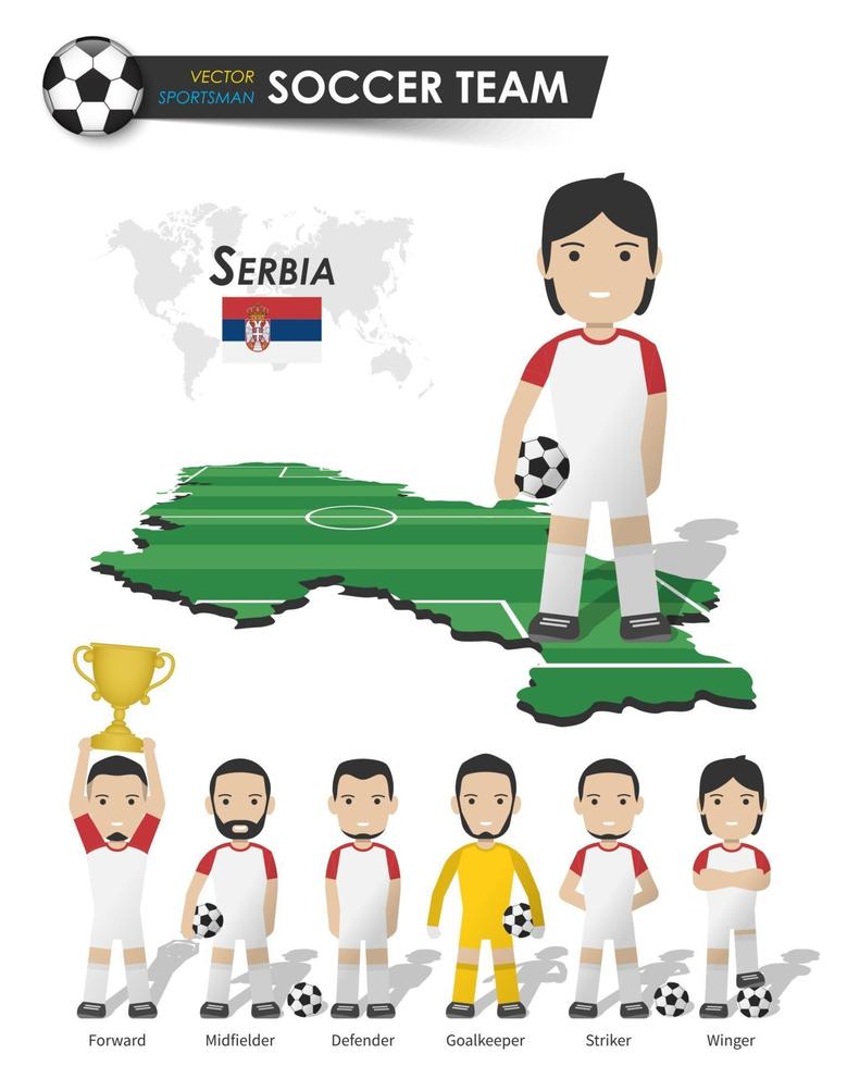 selección de la copa nacional de fútbol de serbia. jugador de fútbol con camiseta deportiva de pie en el mapa del país del campo de perspectiva y el mapa mundial conjunto de posiciones de futbolista. diseño plano de personaje de dibujos animados. vector. vector