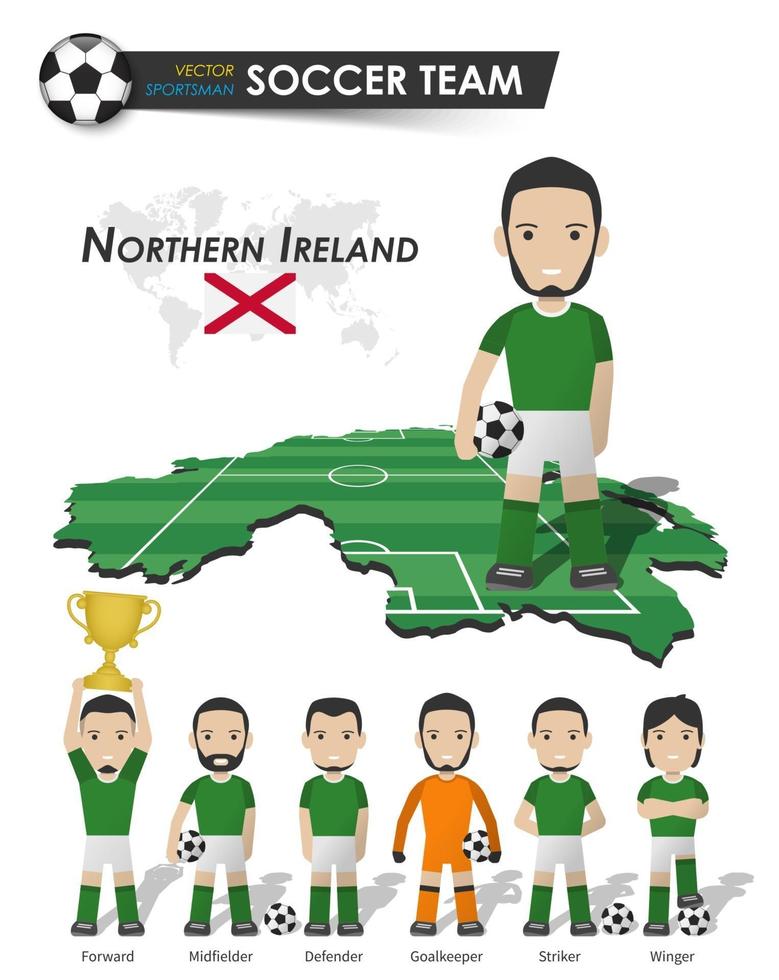 equipo de la copa nacional de fútbol de irlanda del norte. jugador de fútbol con camiseta deportiva de pie en el mapa del país del campo de perspectiva y el mapa mundial conjunto de posiciones de futbolista. personaje plano de dibujos animados. vector. vector