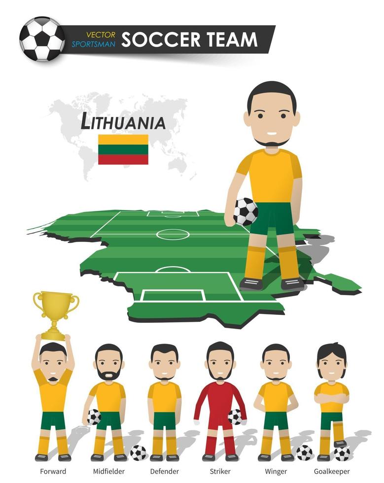 Lithuania national soccer cup team . Football player with sports jersey stand on perspective field country map and world map . Set of footballer positions . Cartoon character flat design . Vector .