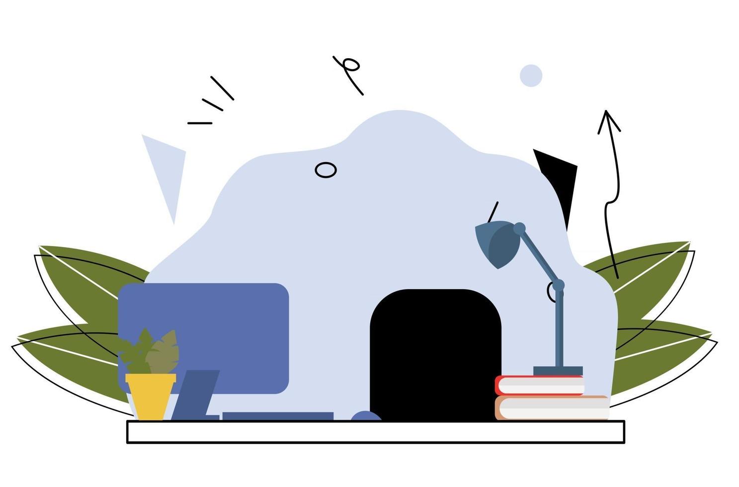 a workplace with a laptop, a lamp, an armchair, books. Abstract background, workplace. Flat unique illustration vector