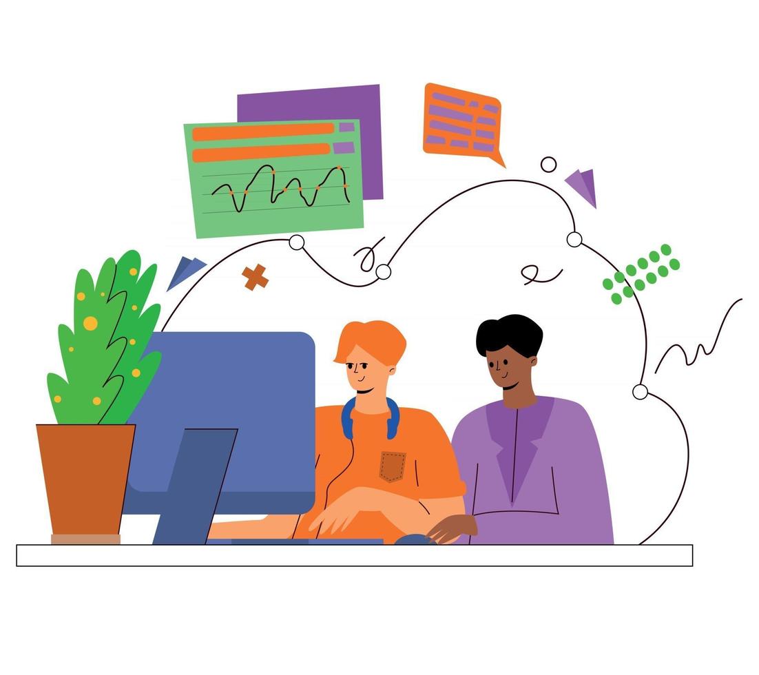 colleagues of different nationalities work on the project at the computer, common work, team work. Male colleagues, brainstorming. vector illustration for business