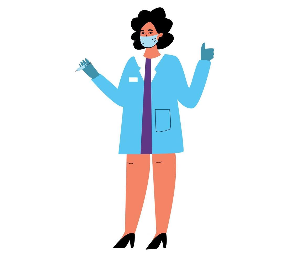 a woman doctor with a vaccine, with a syringe in her hands.  A doctor in a dressing gown, an injection.  Vector illustration of a medical worker