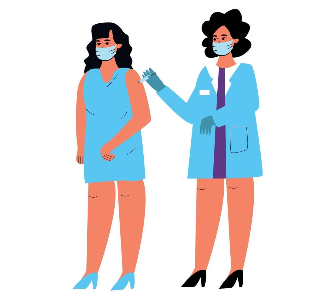a female doctor puts a vaccine injection in the patient's hand, a shot from the disease. A woman with an injection in her hand. vector illustration of a medical topic