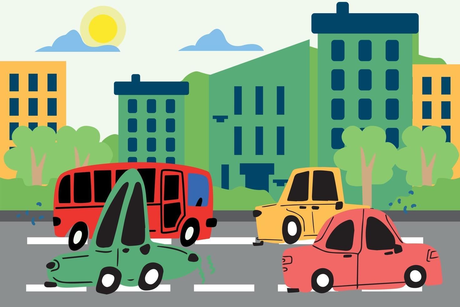 lindos autos conducen por la carretera a lo largo de la calle de la ciudad, los autos están dibujados a mano en el estilo de garabatos. vector ilustración infantil de coches para libros, cuadernos, pegatinas e impresiones