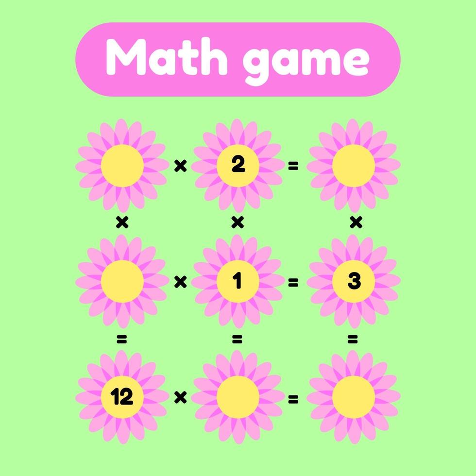 Vector illustration. Math game for preschool and school age children. Count and insert the correct numbers. Multiplication. Glade with pink flowers.