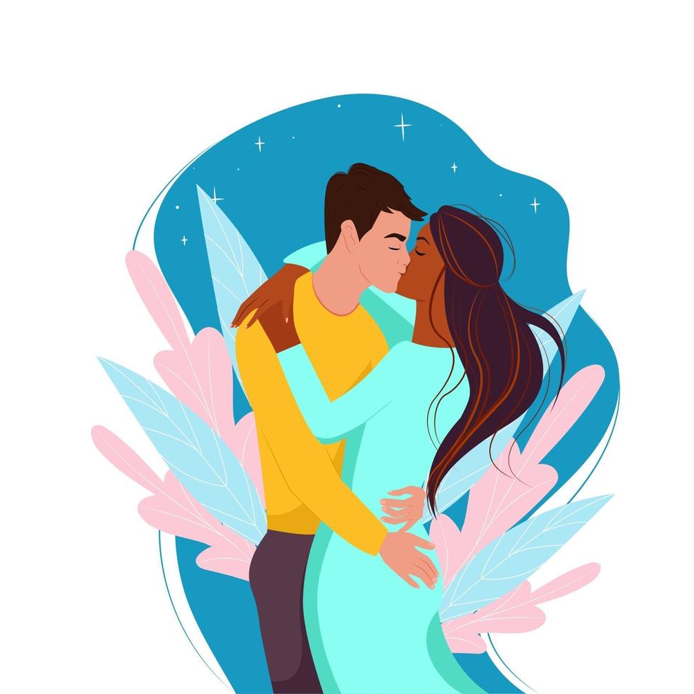 Multiracial couple in love, vector illustration in flat style. Two kissing.Multiethnic family