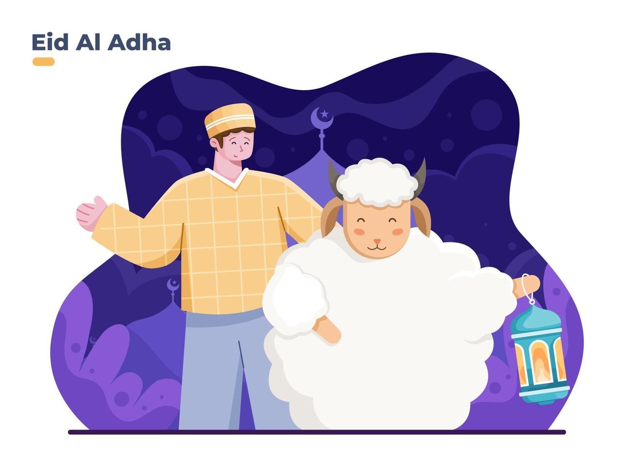 Eid Al Adha Flat illustration with Muslim person and goat animal with bringing lanterns. Celebrates Eid Al Adha Mubarak with a goat. Qurban, Sacrifice islamic festival. greeting card, banner, poster. vector