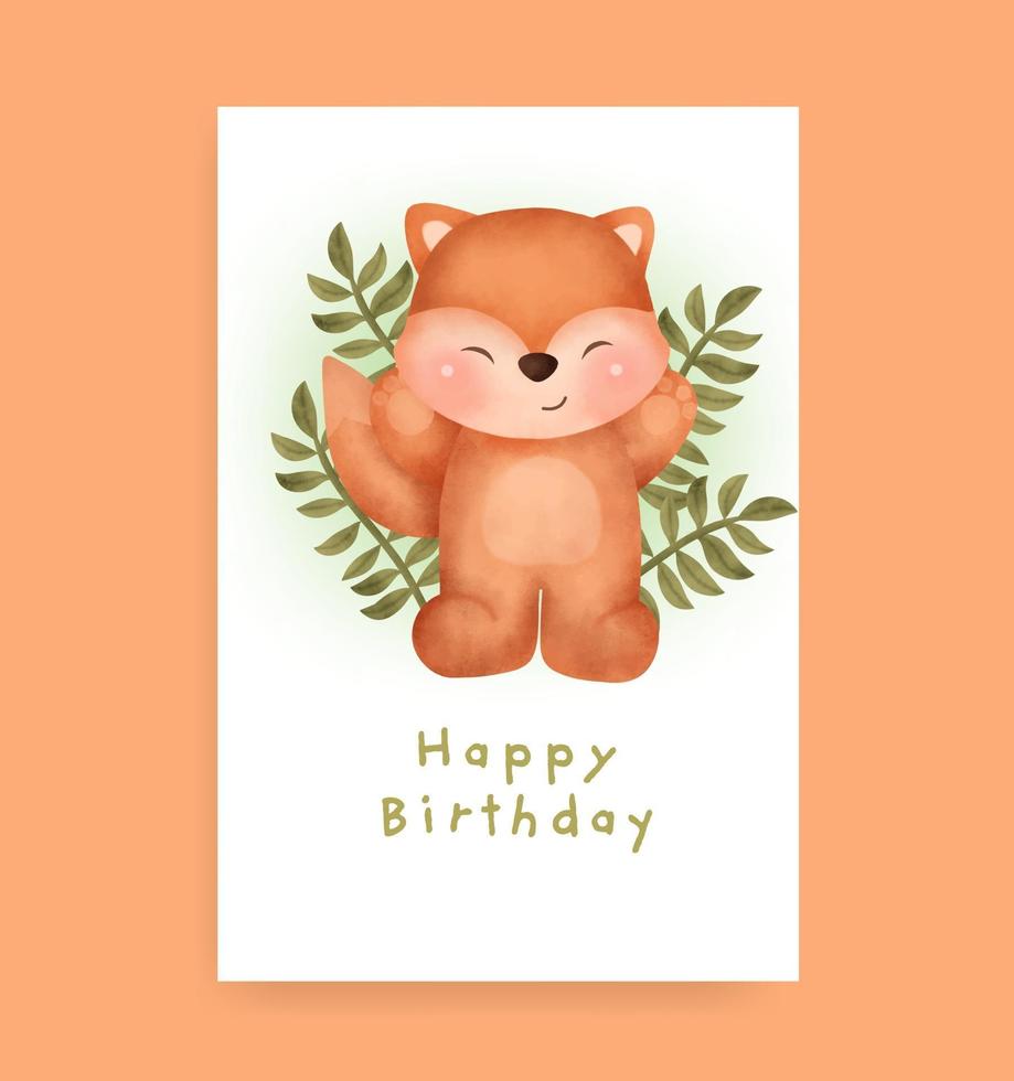 Birthday card with cute fox in watercolor style vector